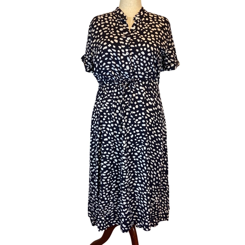 Polka Dot Dress Black White Abstract Print Midi drawstring waist‎